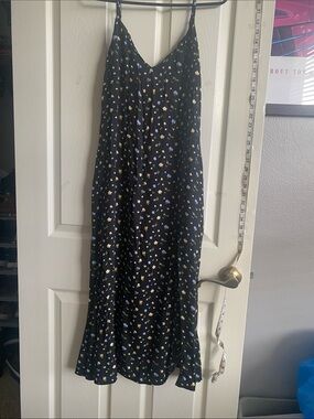 Reformation Black Floral Slip Midi Dress with Yellow & Blue Flowers